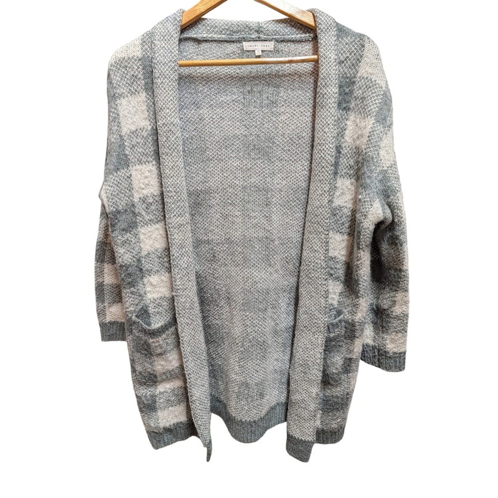 Emory Park Cardigan Women XS Grey Excellent Plaid Open Front Pockets Knit